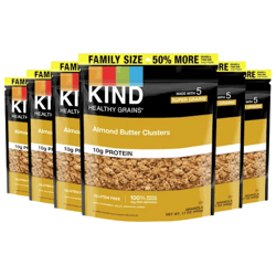 KIND Healthy Grains Almond Butter Clusters, family size, feature 10g protein and are gluten-free.