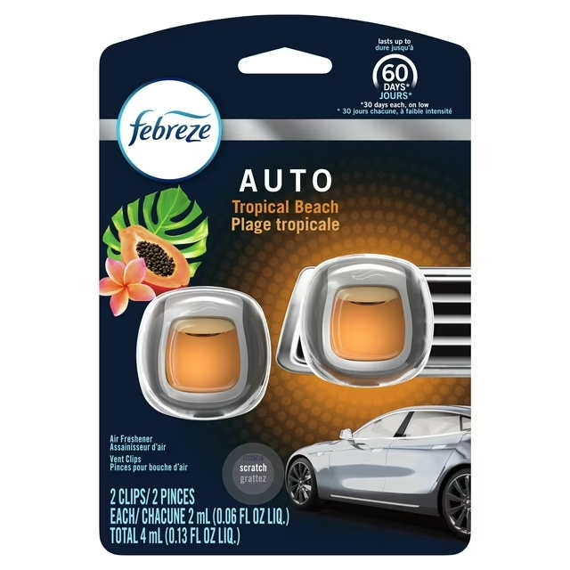 Febreze Auto Vent Clips in \“Tropical Beach\“ scent, 16-pack, last up to 60 days with two clips per pack, each containing 2 ml (0.06 fl oz) of liquid. Designed for car vents, the fragrance evokes a tropical beach atmosphere.