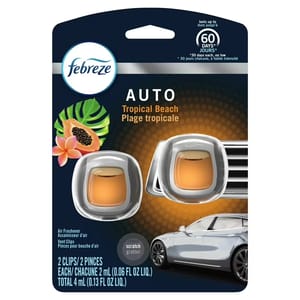 Febreze Auto Vent Clips in \“Tropical Beach\“ scent, 16-pack, last up to 60 days with two clips per pack, each containing 2 ml (0.06 fl oz) of liquid. Designed for car vents, the fragrance evokes a tropical beach atmosphere.
