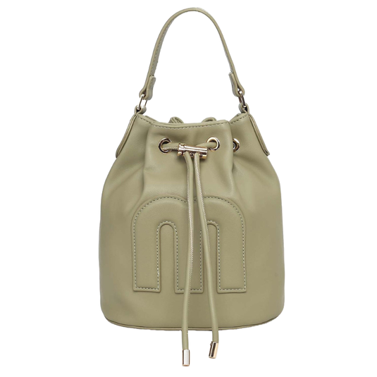 Light olive green bucket bag with a drawstring closure and a handle, featuring a distinct stitched design on the front.