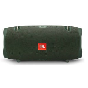 JBL portable Bluetooth speaker in a green color, featuring a compact, cylindrical design with a red logo on the front.