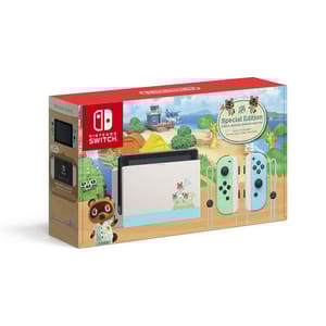 Nintendo Switch Special Edition console with \“Animal Crossing: New Horizons\“ themed design, featuring themed Joy-Con controllers and a decorated dock.