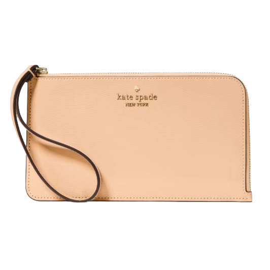 A beige Kate Spade New York wristlet features a zip closure and a wrist strap, with the brand logo in gold lettering on the front.