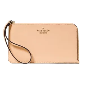 A beige Kate Spade New York wristlet features a zip closure and a wrist strap, with the brand logo in gold lettering on the front.