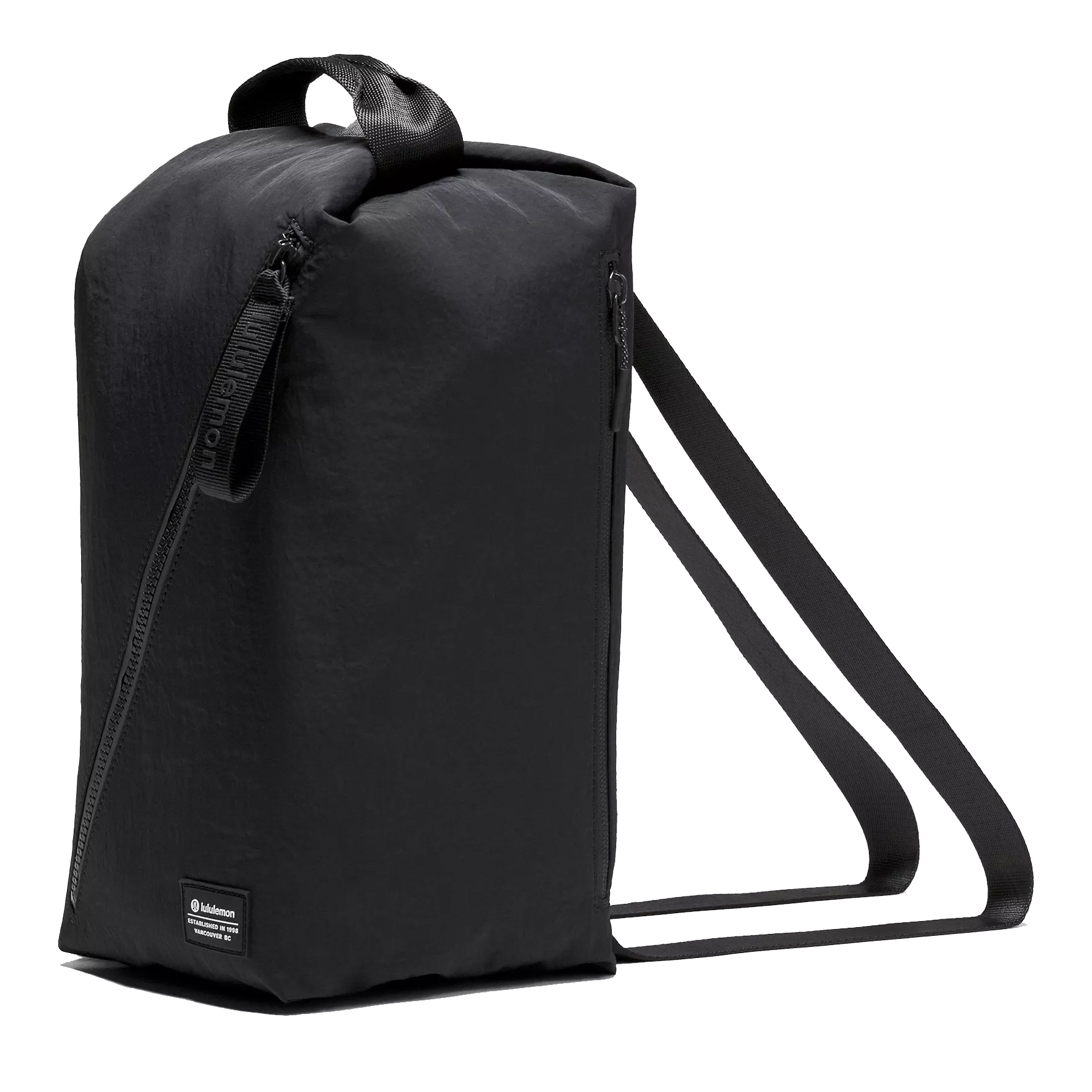 A black rectangular backpack with side zippers and dual shoulder straps, featuring a top handle. Brand label visible at the bottom corner.