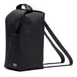 A black rectangular backpack with side zippers and dual shoulder straps, featuring a top handle. Brand label visible at the bottom corner.