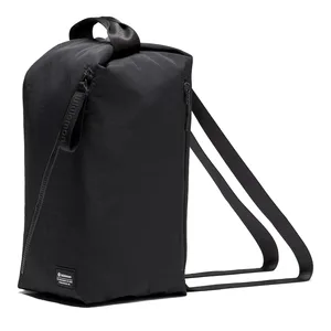 A black rectangular backpack with side zippers and dual shoulder straps, featuring a top handle. Brand label visible at the bottom corner.
