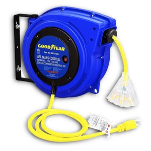 Goodyear Extension Cord Reel, 50 ft, 16AWG, 7.5A, 125V, 60Hz, suitable for general, commercial, and industrial use; features a blue reel with yellow cord and includes a mounting bracket.