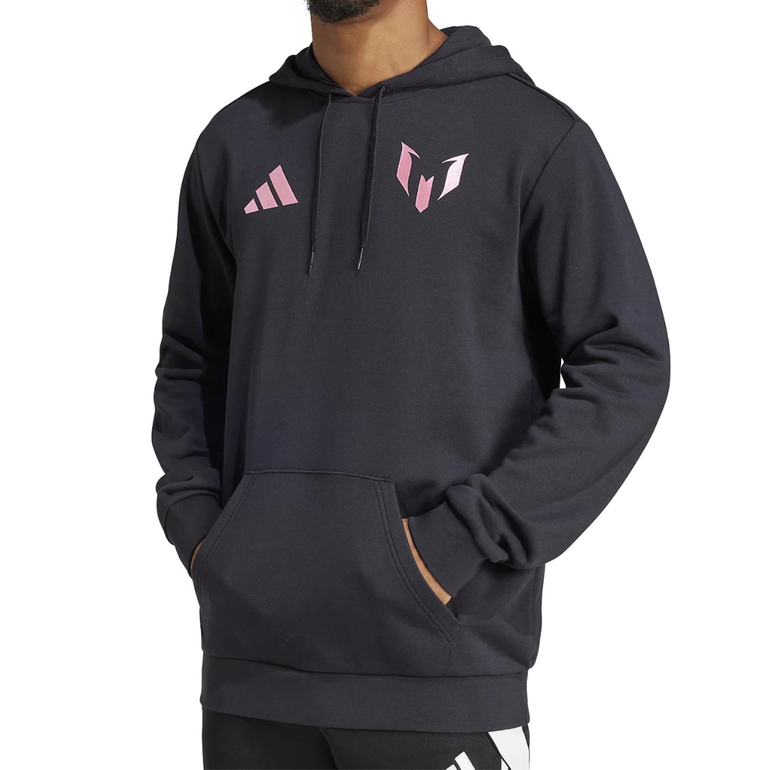A black hoodie featuring pink logos, including the Adidas emblem and another design, with a front pocket and drawstring hood.