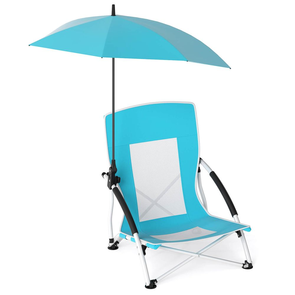 Bright blue beach chair with integrated black-framed umbrella, featuring a mesh panel for ventilation and sturdy black armrests.