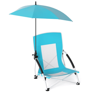 Bright blue beach chair with integrated black-framed umbrella, featuring a mesh panel for ventilation and sturdy black armrests.