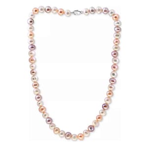A multicolor pearl necklace featuring round pearls in shades of white, pink, and peach, with a silver clasp.