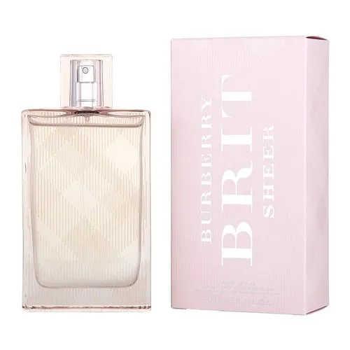 Burberry Brit Sheer eau de toilette for women, featuring a clear rectangular bottle with a checkered design, paired with a light pink box displaying the same branding.