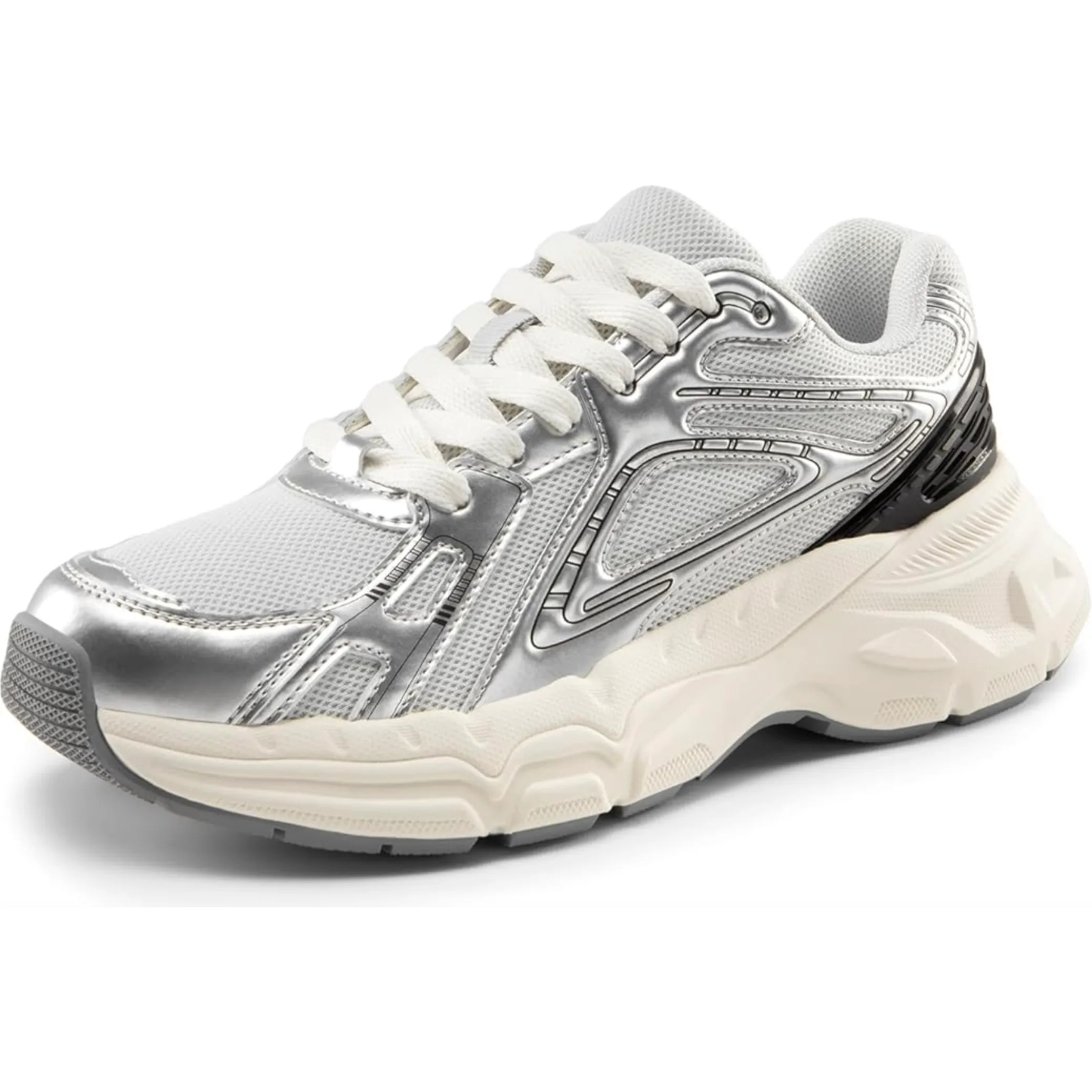 Women's platform sneakers featuring a silver and white color scheme with a chunky sole, mesh upper, and metallic overlays for a modern, stylish look.