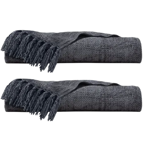 Two folded dark gray woven throws with fringe detailing.