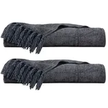 Two folded dark gray woven throws with fringe detailing.