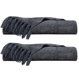Two folded dark gray woven throws with fringe detailing.