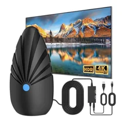 An indoor TV antenna with a 4K Ultra HD display, including a coaxial cable, power adapter, and USB adapter, is shown in front of a screen displaying a mountain landscape.