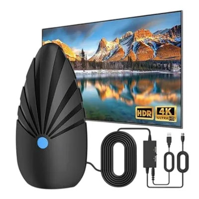 An indoor TV antenna with a 4K Ultra HD display, including a coaxial cable, power adapter, and USB adapter, is shown in front of a screen displaying a mountain landscape.