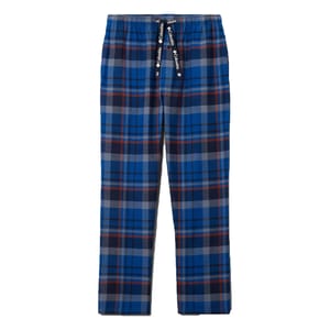 These are blue plaid flannel pants with a drawstring waist, featuring a pattern of navy blue, light blue, and red stripes.