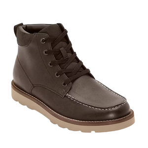 A dark brown leather lace-up ankle boot with a light beige rubber sole and moc toe stitching.