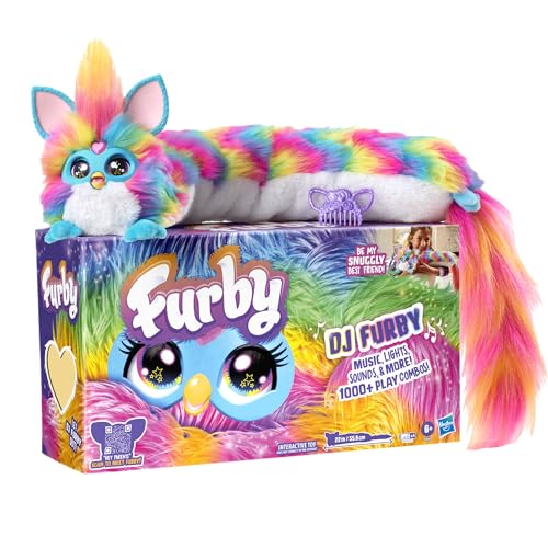 Multicolored Furby toy with DJ-themed packaging, features music, lights, sounds, and over 1000 play combinations.