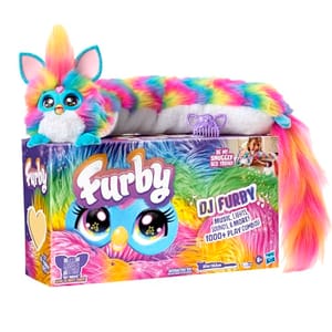 Multicolored Furby toy with DJ-themed packaging, features music, lights, sounds, and over 1000 play combinations.