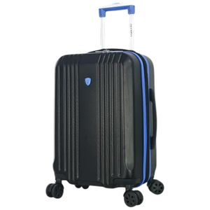 A black and blue rolling suitcase with an extendable handle and four wheels, designed for easy transport.