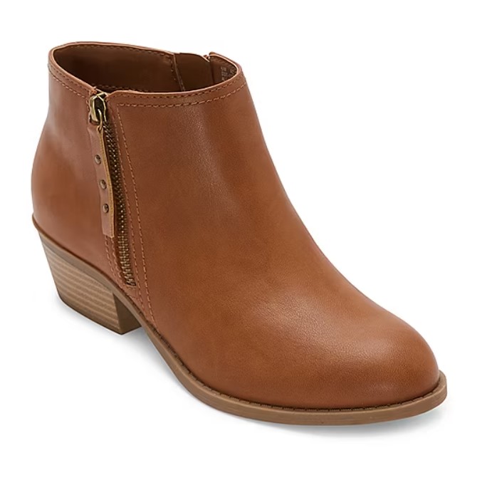Brown ankle boot with a side zipper and a small heel.