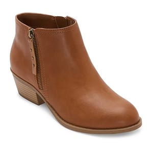 Brown ankle boot with a side zipper and a small heel.