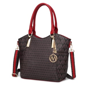 A stylish brown handbag with red handles and strap, featuring an \“M\“ pattern and gold accents, including a detachable gold charm and emblem.