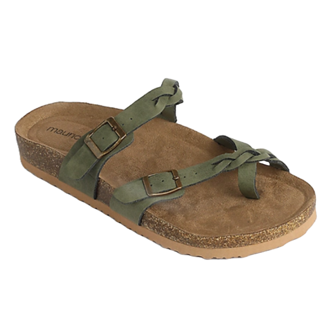 Olive green sandals with a cork footbed feature braided straps and adjustable buckles. The design offers a casual, earthy look with a comfortable, supportive sole.