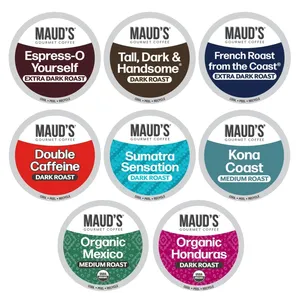 Maud's Gourmet Coffee offers a variety of roasts: Espresso-O Yourself, Tall, Dark & Handsome, French Roast from the Coast, Double Caffeine, Sumatra Sensation, Kona Coast (medium roast), Organic Mexico (medium roast), and Organic Honduras.