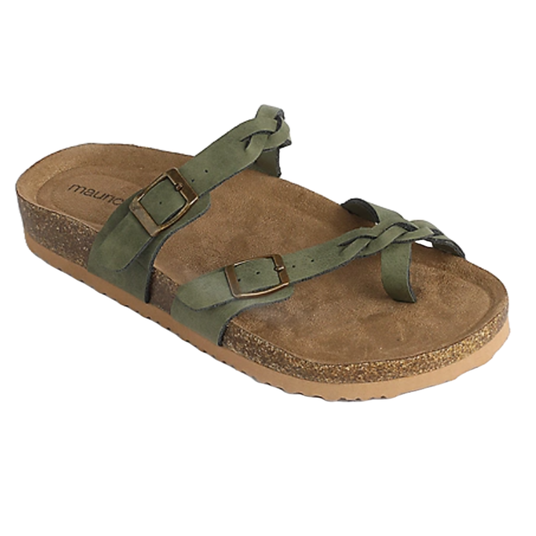 Maurices SuperCush Sandals feature a cork-like footbed, crisscross olive green straps with adjustable buckles, and a cushioned sole for comfort.