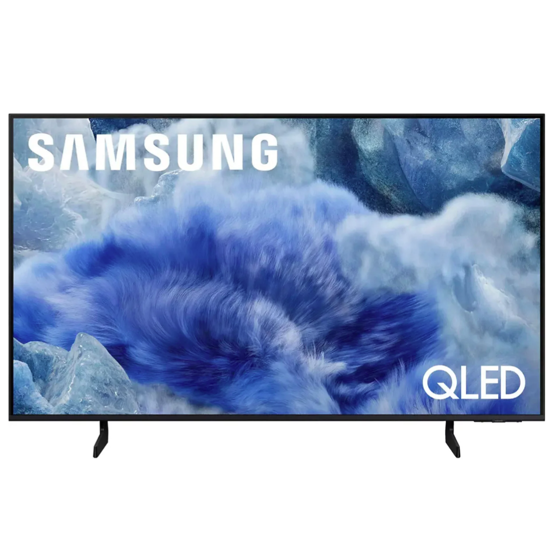 Samsung QLED TV, featuring vibrant blue abstract design on the screen, with the Samsung logo at the top and \“QLED\“ text at the bottom right.