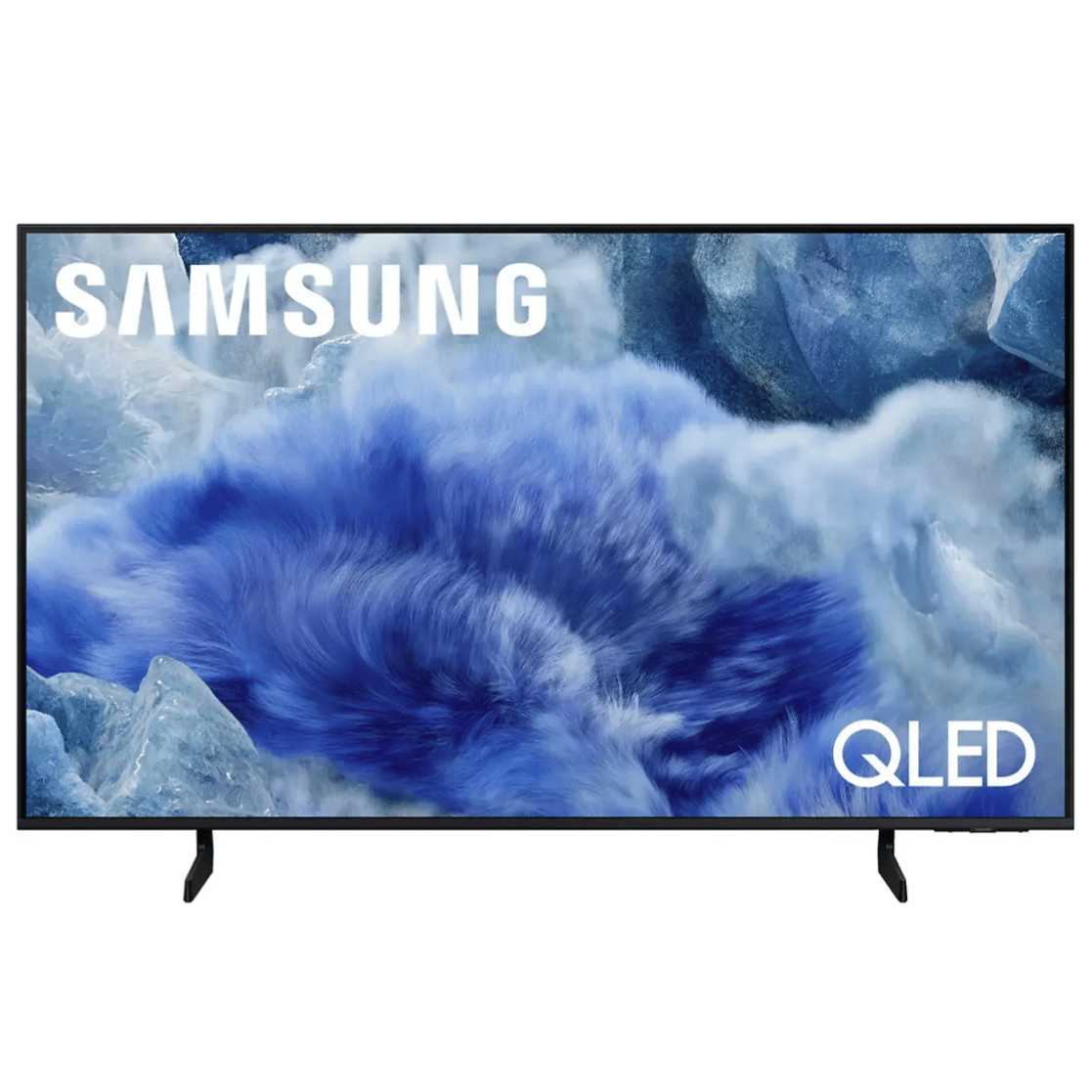 Samsung QLED TV, featuring vibrant blue abstract design on the screen, with the Samsung logo at the top and \“QLED\“ text at the bottom right.