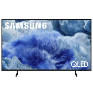 Samsung QLED TV, featuring vibrant blue abstract design on the screen, with the Samsung logo at the top and \“QLED\“ text at the bottom right.
