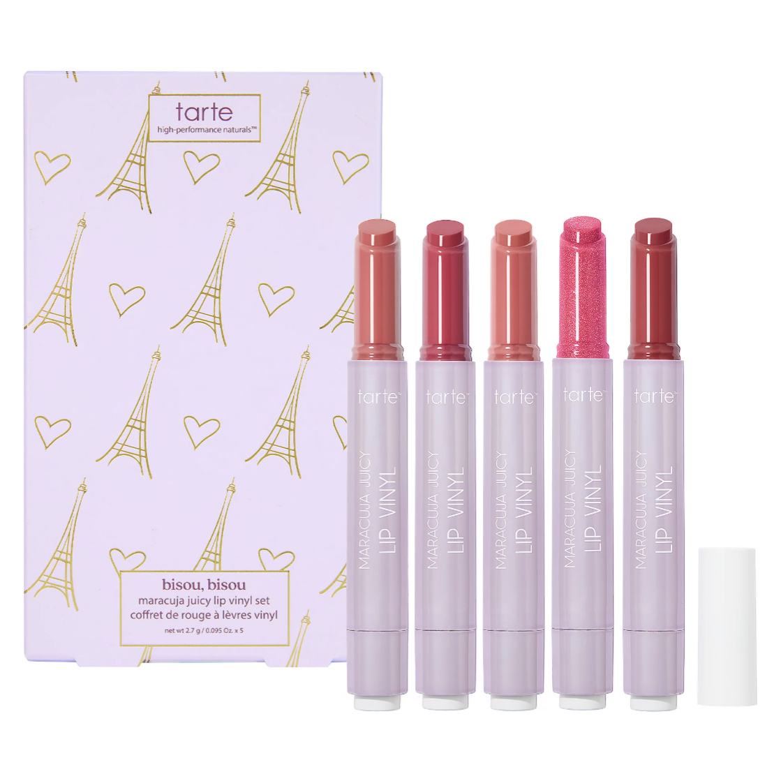 Tarte Maracuja Juicy Lip Vinyl Set includes five lip colors with shades ranging from nude to pink. The packaging features a design with Eiffel Towers and hearts.