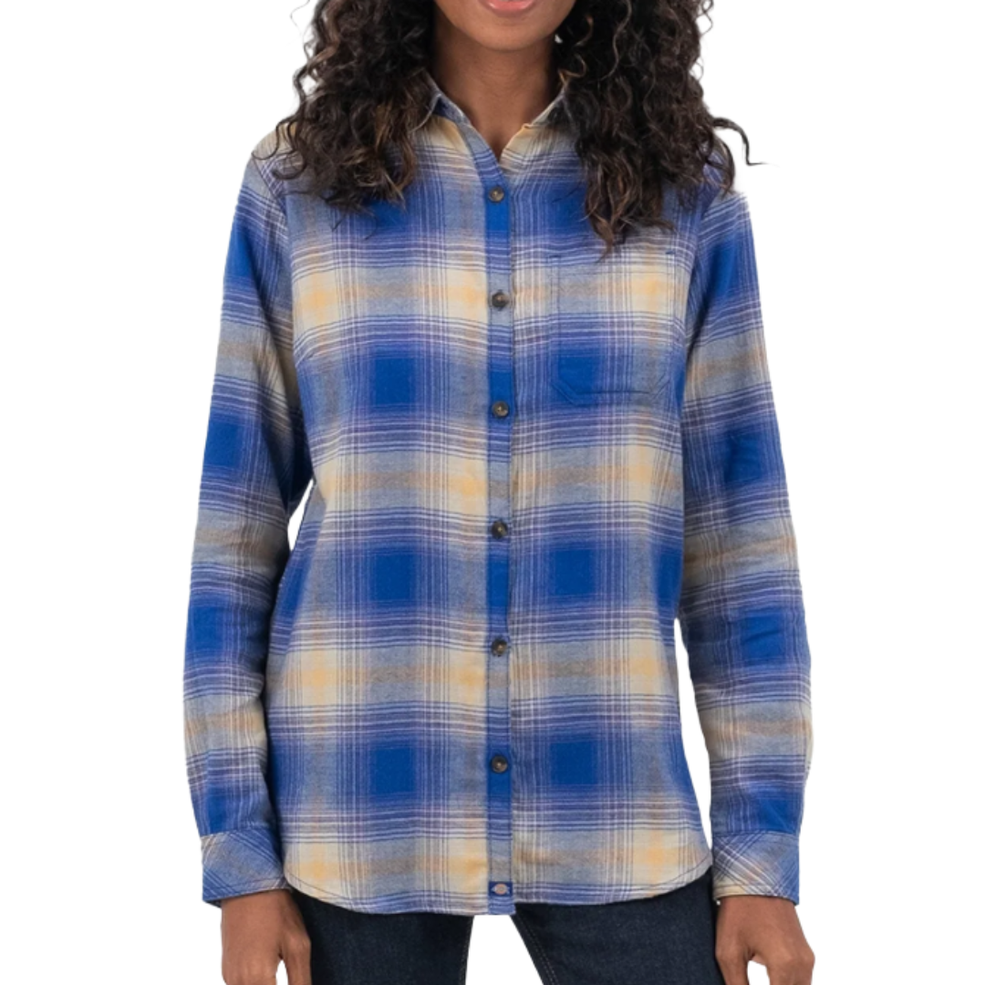 A long-sleeve blue and yellow plaid button-up shirt, worn by a person with long curly hair.