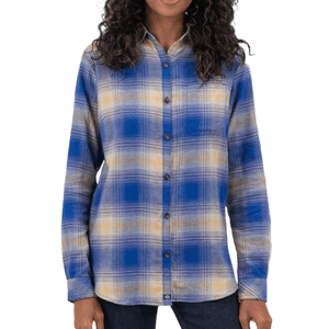 A long-sleeve blue and yellow plaid button-up shirt, worn by a person with long curly hair.