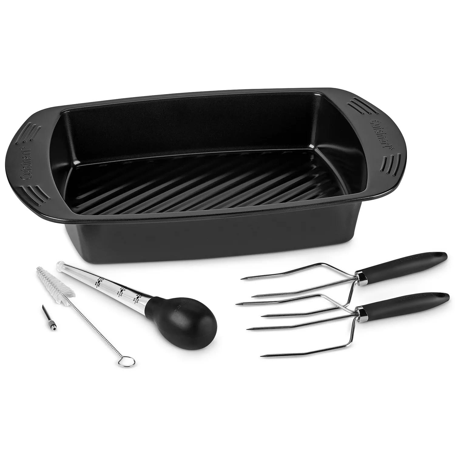 Black roasting pan with ribbed interior, turkey baster with cleaning brush and needle, and two-pronged lifter forks.