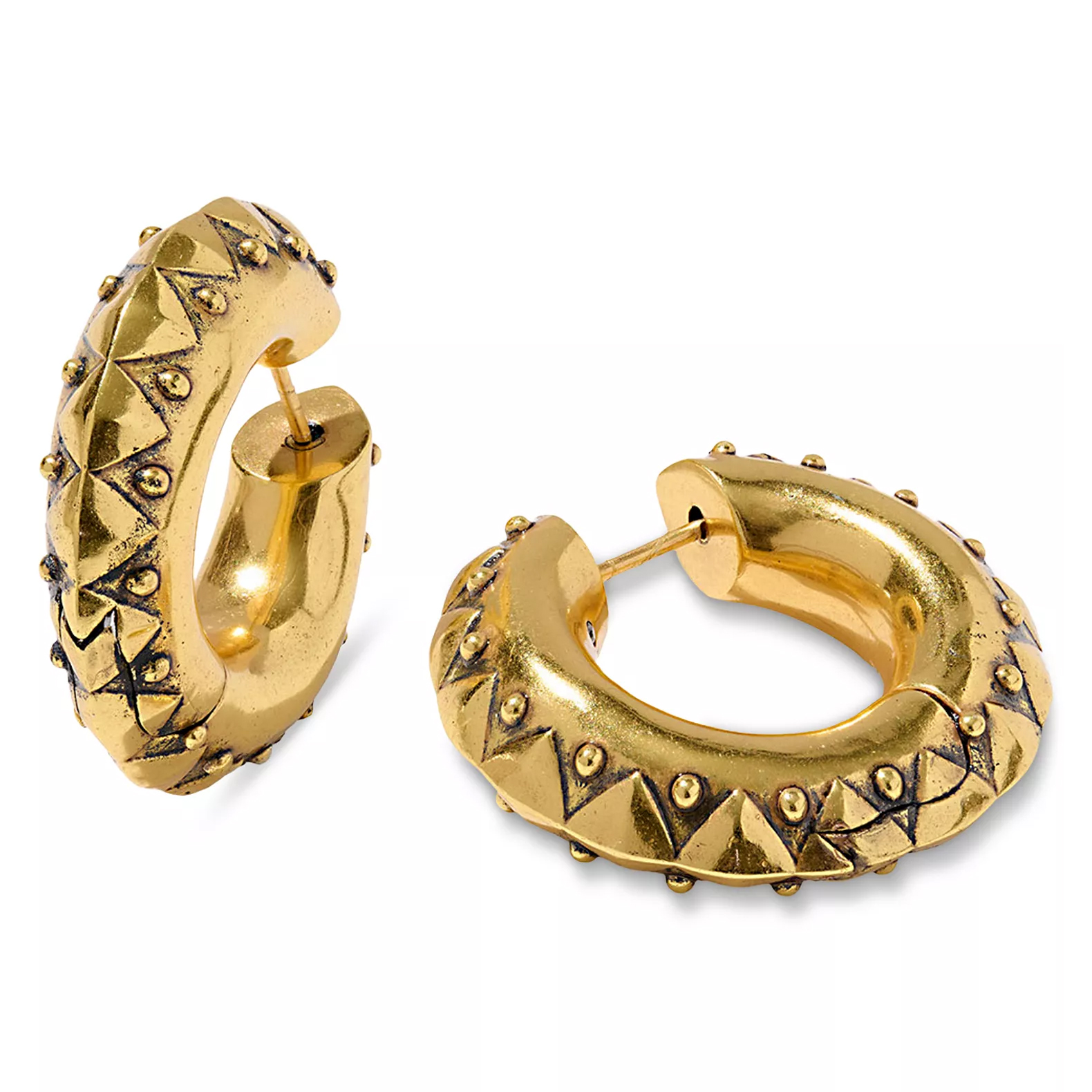 Gold-tone hoop earrings feature a textured design with pyramid and dot details, offering a bold and decorative look.