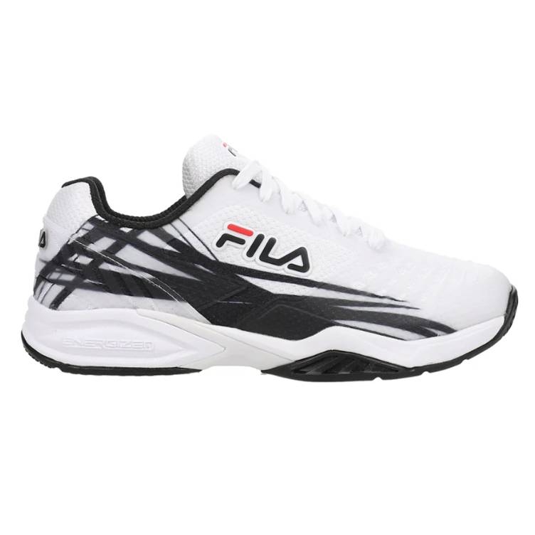 White tennis shoes with black and dark gray accents, featuring the FILA logo on the side and a low-top design for athletic use.