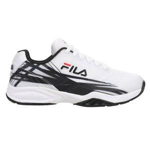 White tennis shoes with black and dark gray accents, featuring the FILA logo on the side and a low-top design for athletic use.