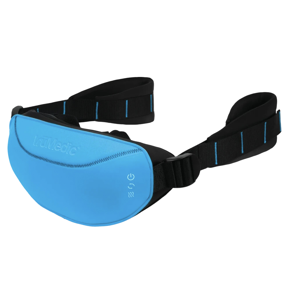 The TruMedic Shiatsu Neck & Back Massager is a wearable massager with an adjustable strap, featuring a blue padded section and black straps for support. It provides shiatsu-style massage for neck and back areas.