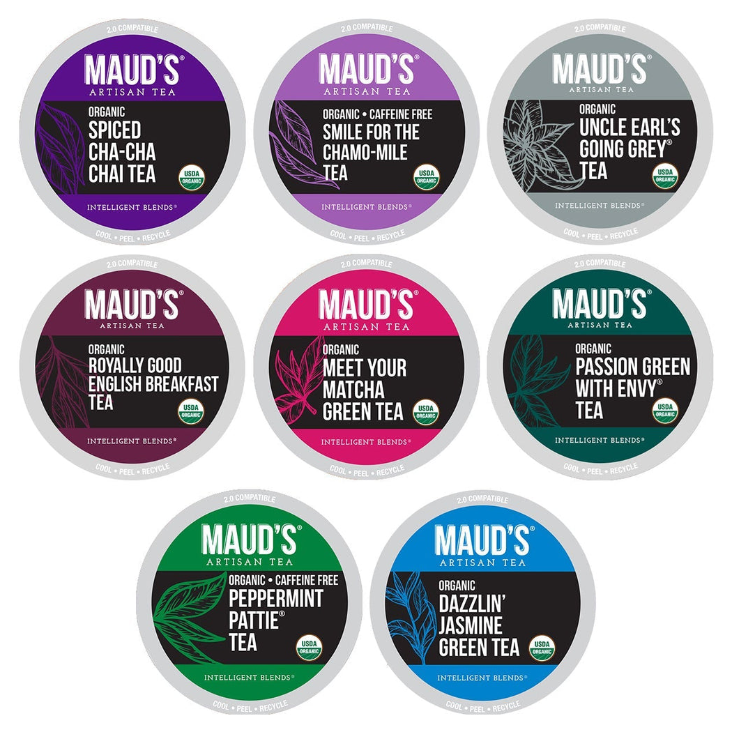 48ct Maud's Organic Tea Pods include flavors like Spiced Cha-Cha Chai, Smile for the Chamo-Mile, Uncle Earl's Going Grey, Royally Good English Breakfast, Meet Your Matcha Green, Passion Green with Envy, Peppermint Pattie, and Dazzlin' Jasmine Green.