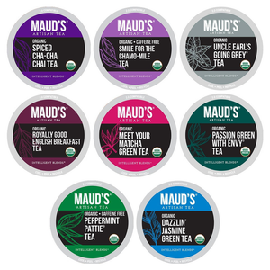48ct Maud's Organic Tea Pods include flavors like Spiced Cha-Cha Chai, Smile for the Chamo-Mile, Uncle Earl's Going Grey, Royally Good English Breakfast, Meet Your Matcha Green, Passion Green with Envy, Peppermint Pattie, and Dazzlin' Jasmine Green.