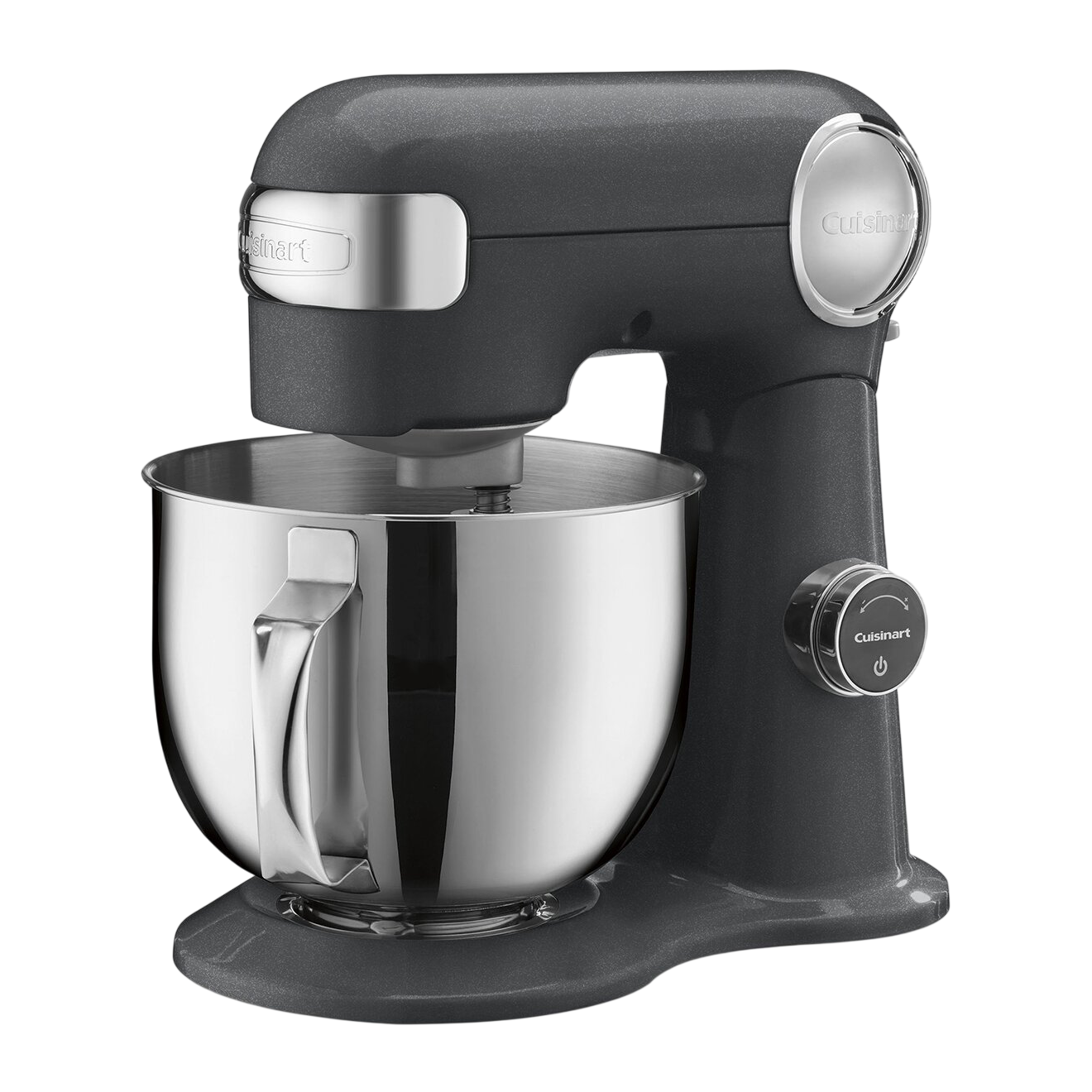 A Cuisinart stand mixer in a dark finish, featuring a stainless steel mixing bowl and adjustable speed dial.