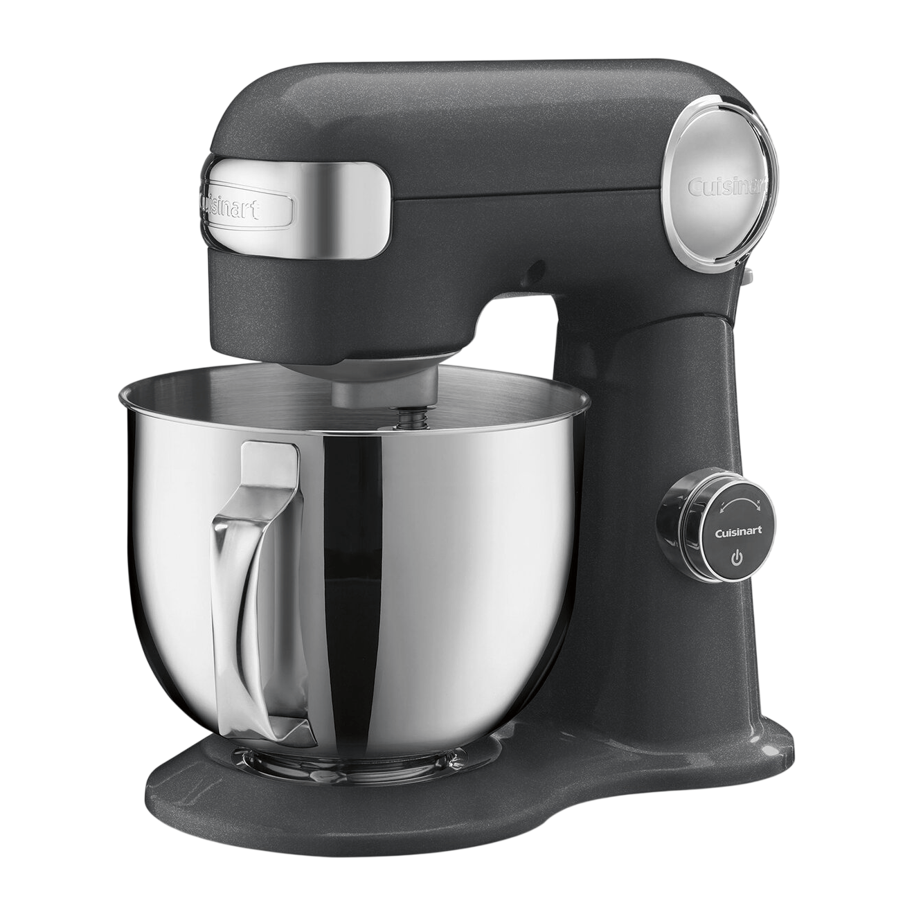 A Cuisinart stand mixer in a dark finish, featuring a stainless steel mixing bowl and adjustable speed dial.