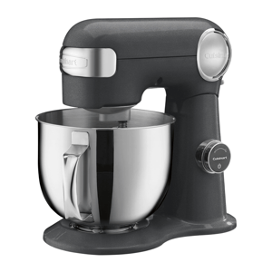 A Cuisinart stand mixer in a dark finish, featuring a stainless steel mixing bowl and adjustable speed dial.